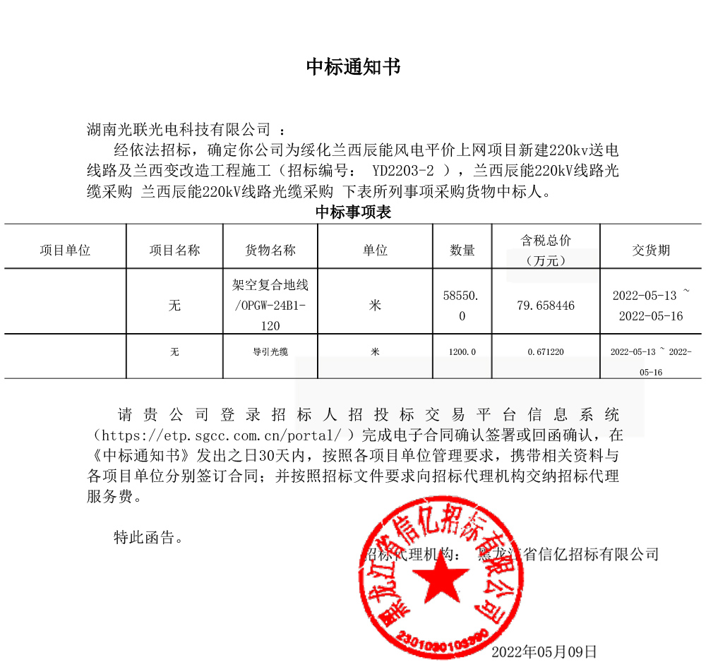 兰西辰能风电项目220KV送电线路OPGW光缆中标通知